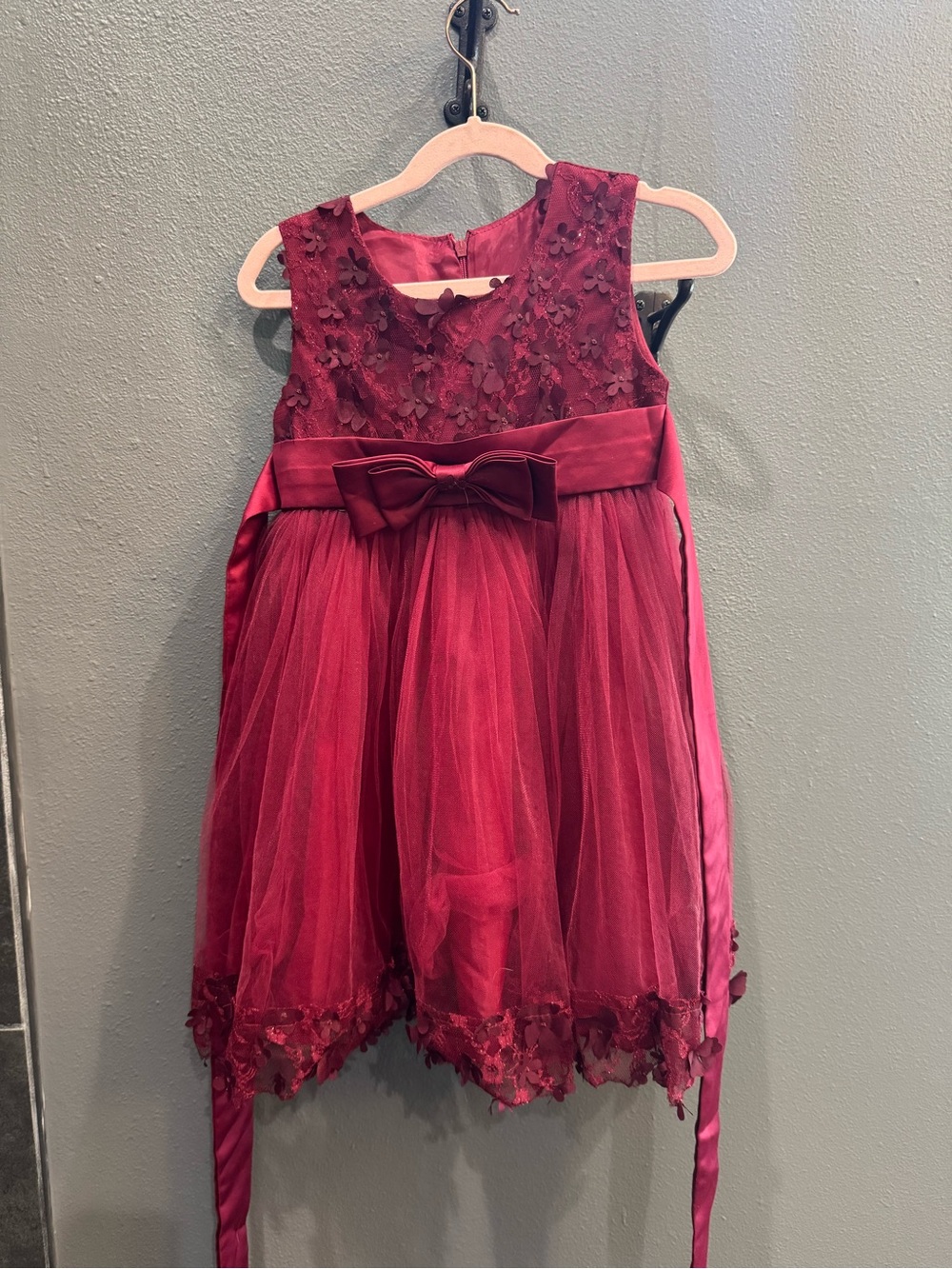 Girls Burgundy Lace & Tulle Party Dress with Bow Sash